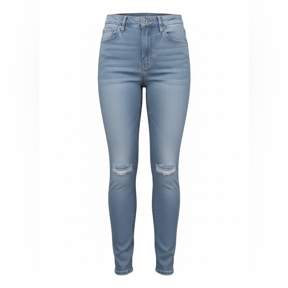 Good American Good Waist Cropped Skinny Jeans Light Wash Distressed Raw Hem 26